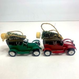 Set of old fashioned style cars ornaments. Red and green.